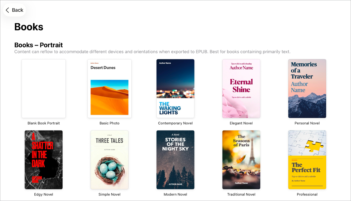 Pemilih template dengan template buku dalam orientasi potret di bagian atas dan orientasi lanskap di bagian bawah.