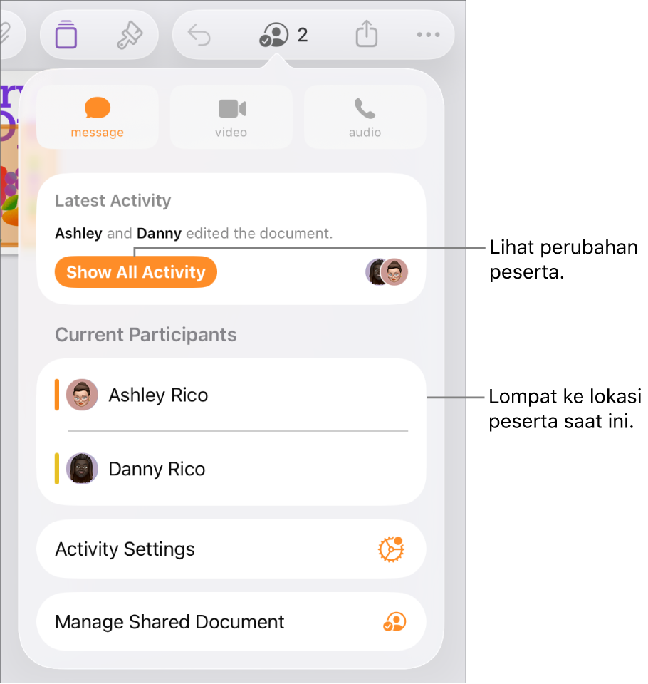 Menu kolaborasi dengan peserta saat ini terdaftar.