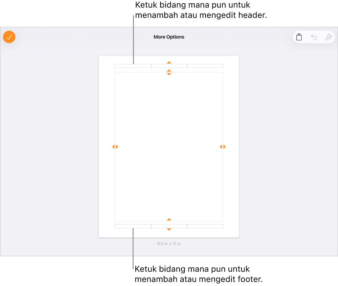 Tampilan Pilihan Lainnya dengan tiga bidang di bagian atas dokumen untuk header dan tiga bidang di bagian bawah untuk footer.