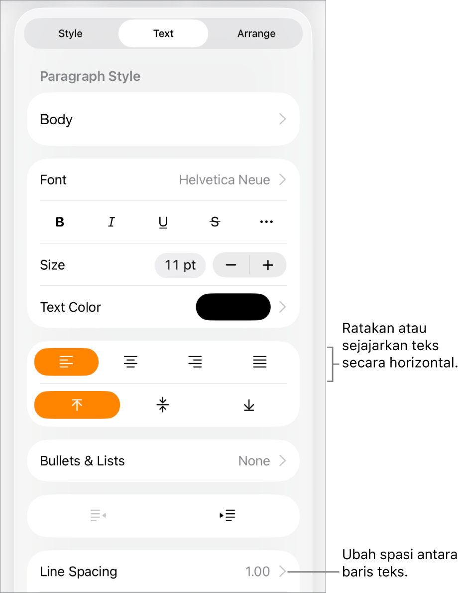 Tombol kontrol Format dengan tab Teks dipilih dan keterangan ke tombol perataan teks dan item menu Spasi Baris.