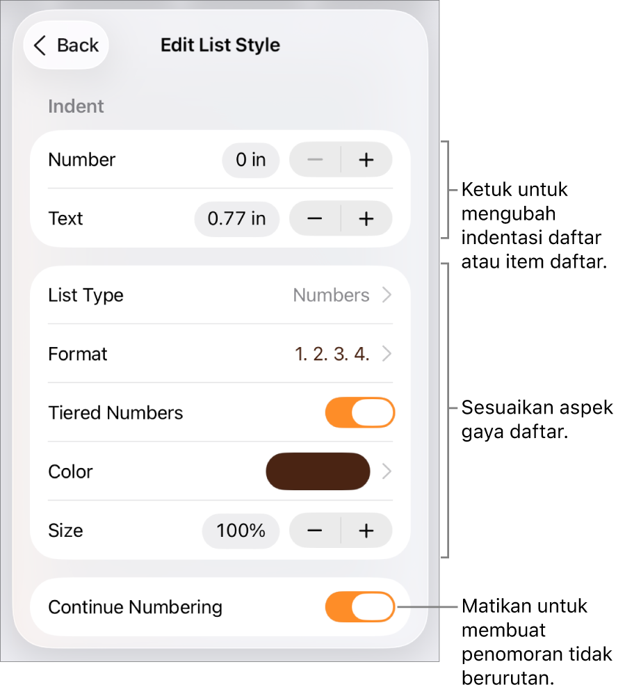 Menu Edit Gaya Daftar untuk spasi indentasi, jenis dan format daftar, penomoran bertingkat, warna dan ukuran daftar, serta penomoran berkelanjutan.