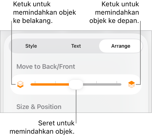 Tombol Pindahkan ke Belakang, tombol Pindahkan ke Depan, dan penggeser lapisan.