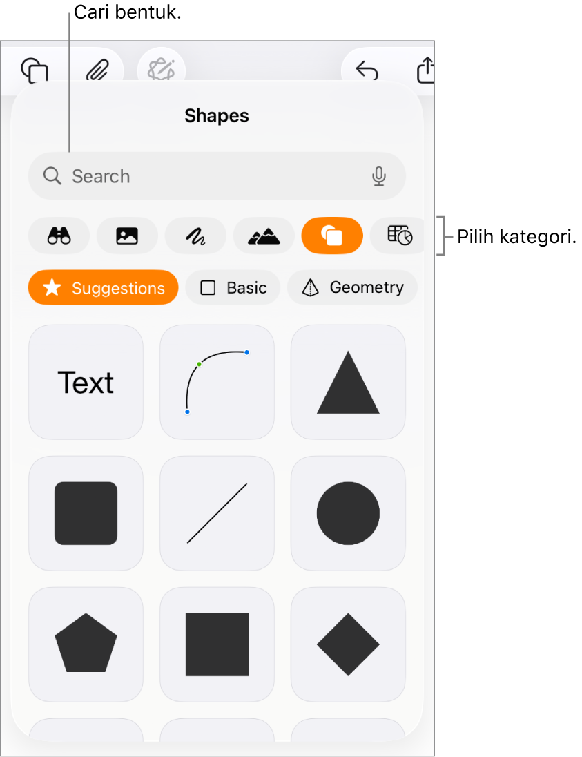 Perpustakaan bentuk, dengan kategori di bagian atas dan bentuk ditampilkan di bawah. Anda dapat menggunakan bidang pencarian di bagian atas untuk menemukan bentuk dan menggesek untuk melihat lainnya.