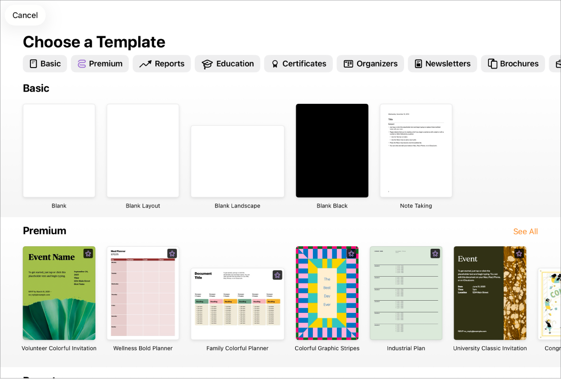 Pemilih template, menampilkan baris kategori di sepanjang bagian atas yang dapat Anda ketuk untuk memfilter pilihan. Di bawah adalah gambar mini template yang dirancang sebelumnya yang diatur menurut kategori, dimulai dengan Terbaru di bagian atas dan diikuti oleh Dasar dan Laporan. Tombol Lihat Semua muncul di atas dan di sebelah kanan setiap baris kategori. Tombol Bahasa dan Wilayah berada di pojok kanan atas.