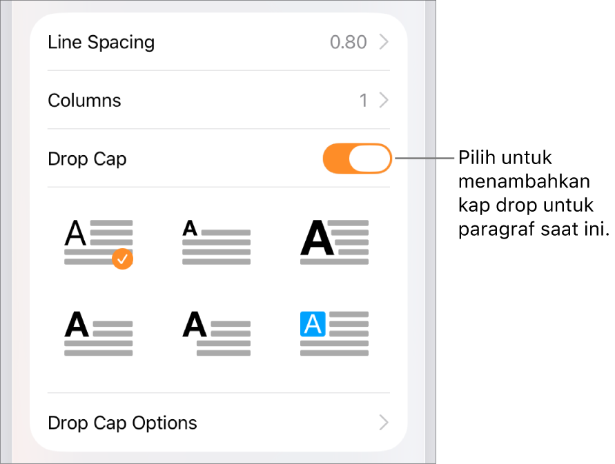 Kontrol Kap Drop terletak di menu Teks.