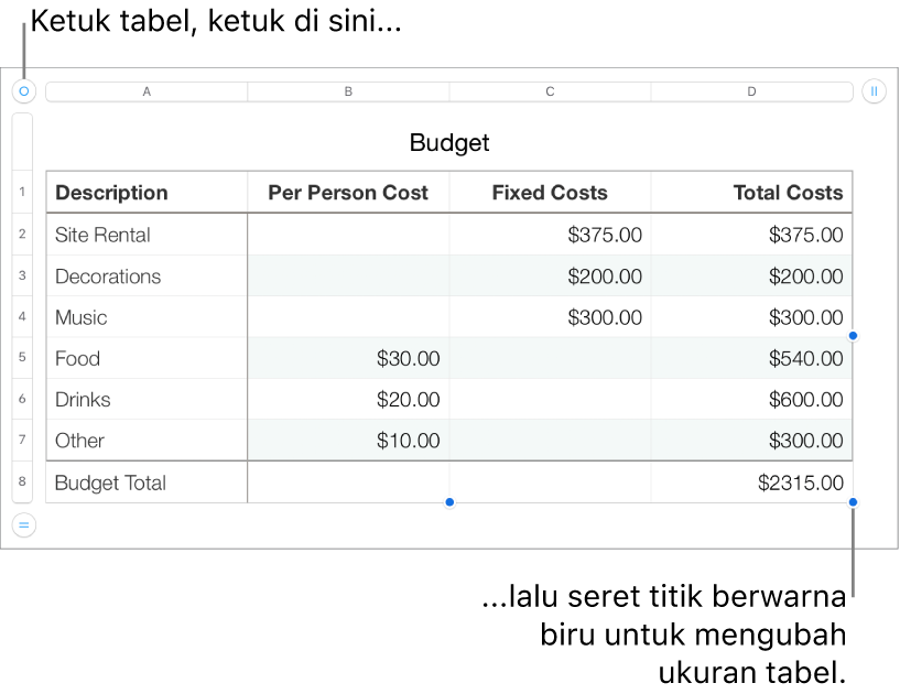 Tabel yang dipilih dengan titik biru untuk mengubah ukuran.