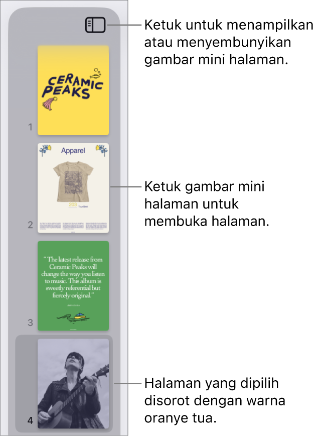 Tampilan Gambar Mini Halaman di sisi kiri layar dengan satu halaman dipilih. Tombol Pilihan Tampilan di atas gambar mini.