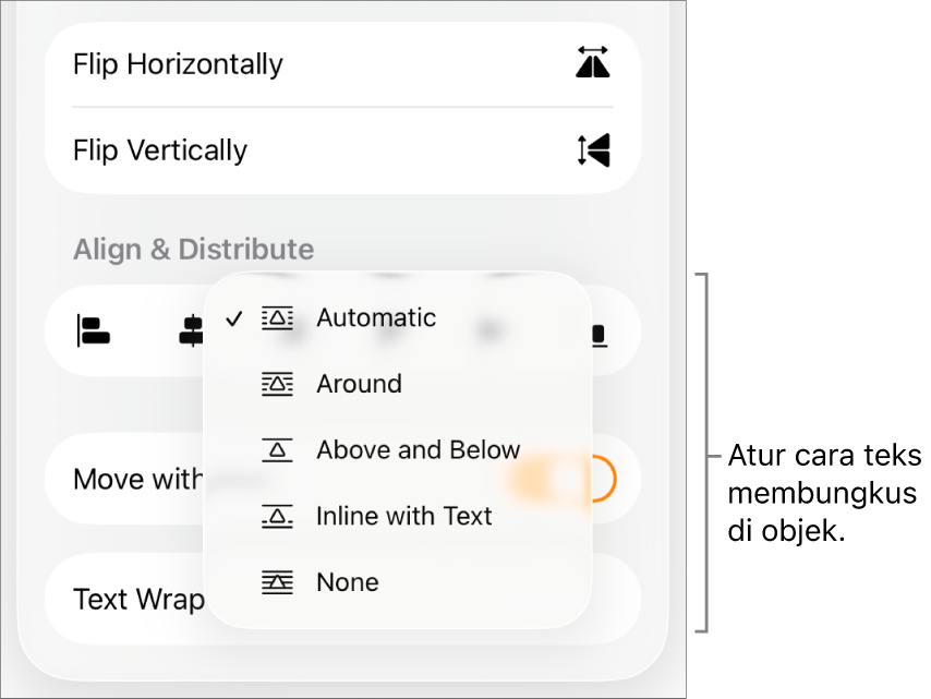 Kontrol Format dengan tab Susun dipilih. Di bawahnya terdapat kontrol Pembungkusan Teks dengan Pindahkan ke Belakang/Depan, Pindahkan dengan Teks, dan Pembungkusan Teks.
