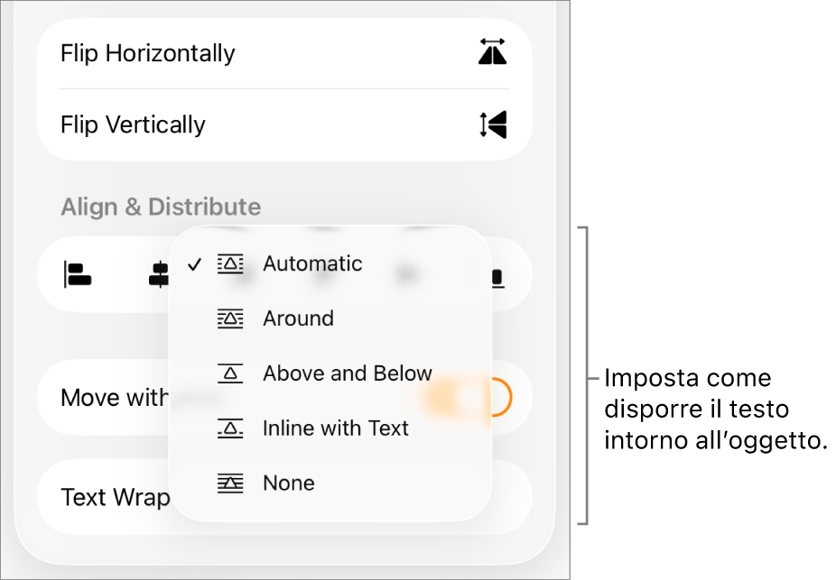 I controlli di Formattazione con il pannello Disposizione selezionato. Al di sotto si trovano i controlli di “Contorna con testo” con “Sposta indietro/avanti”, “Sposta col testo” e “Disposizione testo”.
