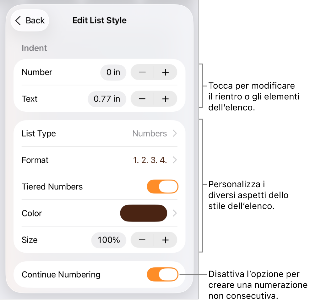 Il menu “Modifica stili elenco” con controlli per la spaziatura del rientro, tipo di elenco e formato, numeri in pila, colore e dimensione elenco e numerazione continua.