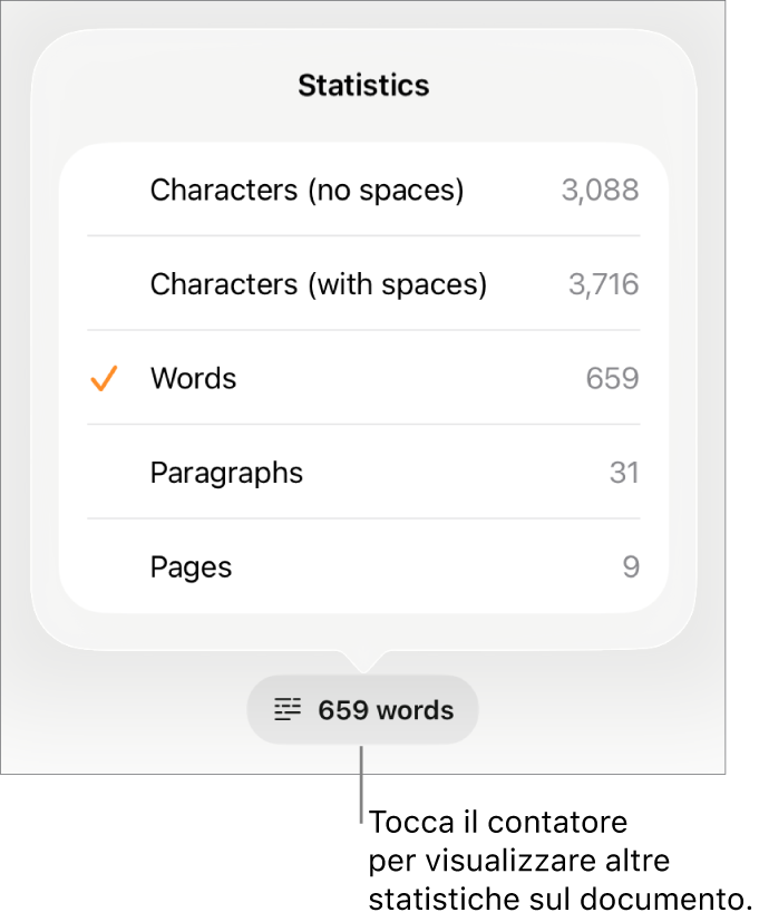 Conteggio parole con un menu che mostra opzioni per visualizzare numero di caratteri con e senza spazi, conteggio parole, conteggio paragrafi e conteggio pagine.