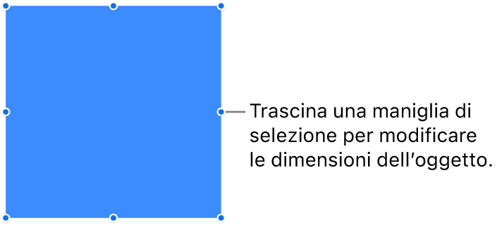 Un oggetto con punti blu sul bordo per la modifica delle dimensioni.