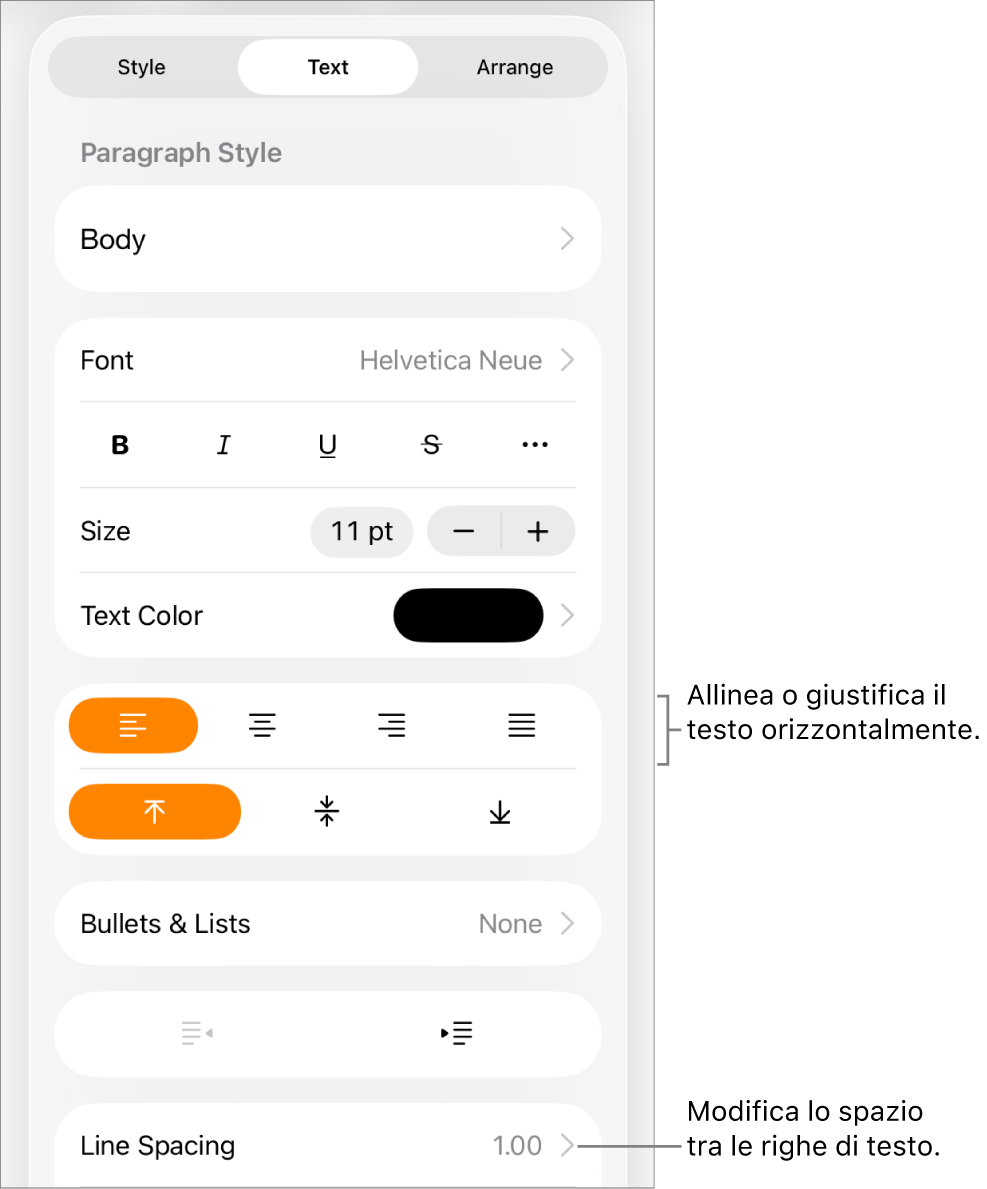 Il pulsante dei controlli di Formattazione con il pannello Testo selezionato e didascalie dei pulsanti di allineamento testo e dell’elemento del menu “Spaziatura linea”.