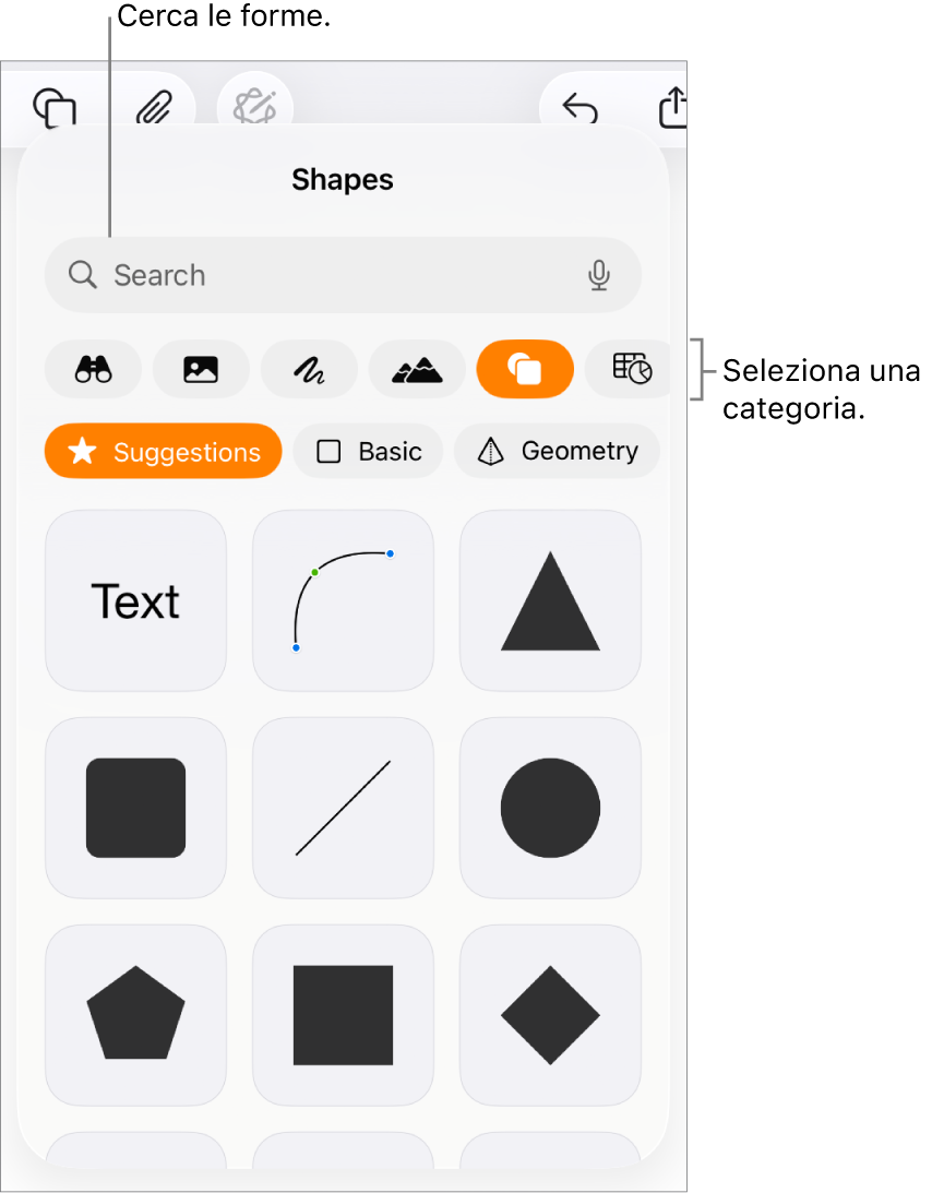 La libreria forme, con le categorie nella parte superiore e le forme visualizzate sotto. Puoi usare il campo di ricerca nella parte superiore per trovare forme e scorrere per visualizzarne di più.