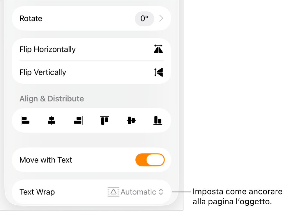 I controlli di Formattazione con selezionato il pannello Disposizione e i controlli per Sposta indietro/avanti”, “Sposta col testo” e “Disposizione testo”.