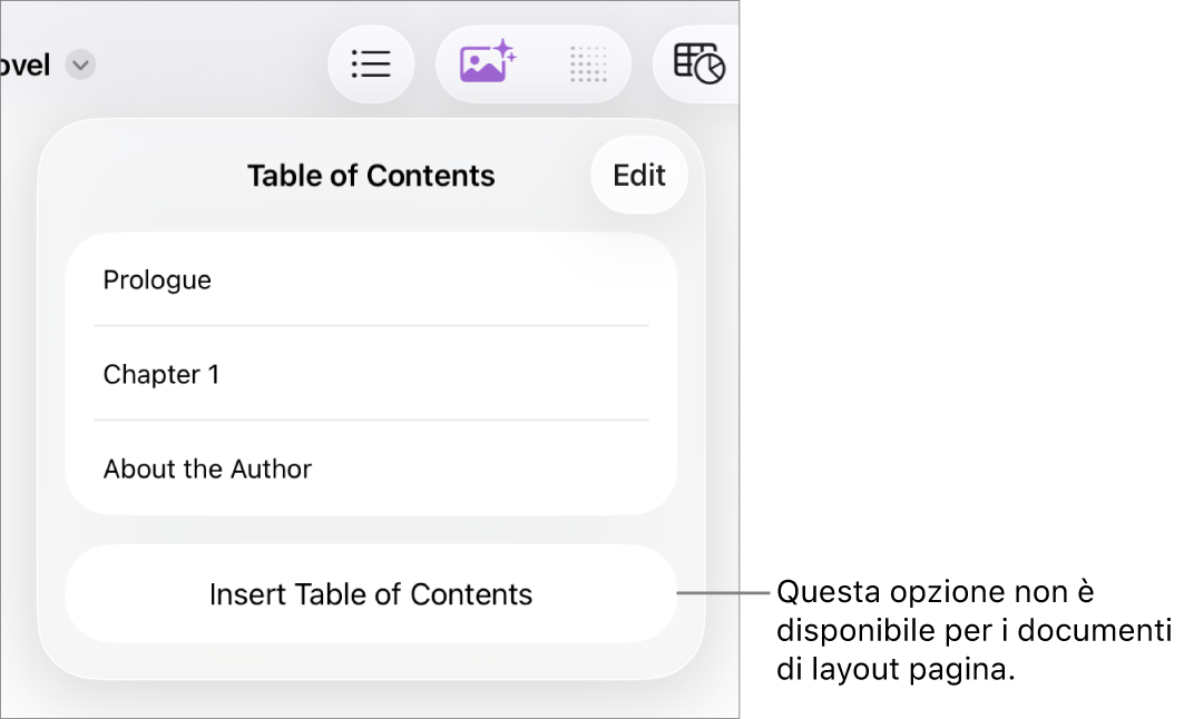 La vista indice con Modifica nell’angolo superiore destro, le voci dell’indice e il pulsante “Inserisci indice” nella parte inferiore.