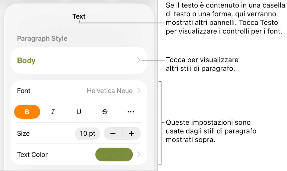 Menu Formato con controlli di testo per impostare stili carattere e paragrafo, font, dimensione e colore.