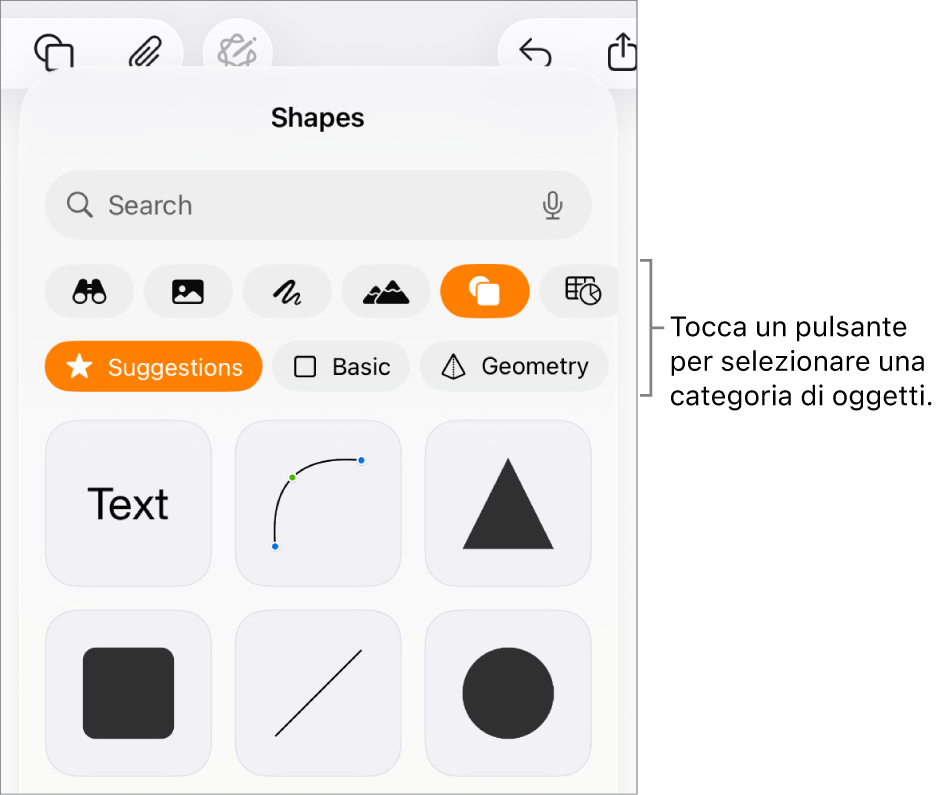 Controlli per l’aggiunta di un oggetto, con i pulsanti nella parte superiore per scegliere tabelle, grafici, forme (comprese linee e caselle di testo) e file multimediali.