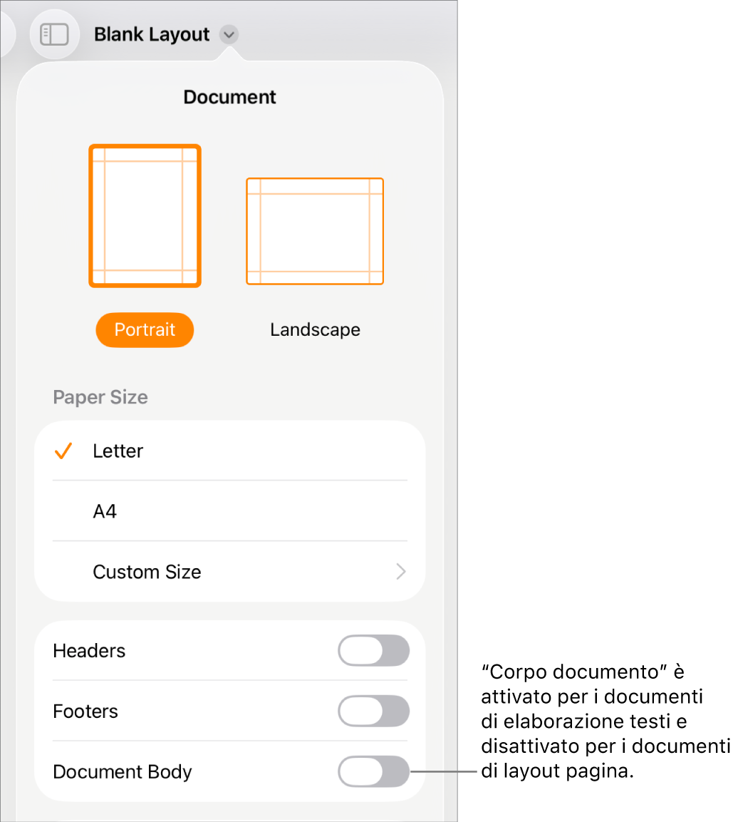 I controlli di formattazione Documento con “Corpo documento” attivato nella parte inferiore dello schermo.