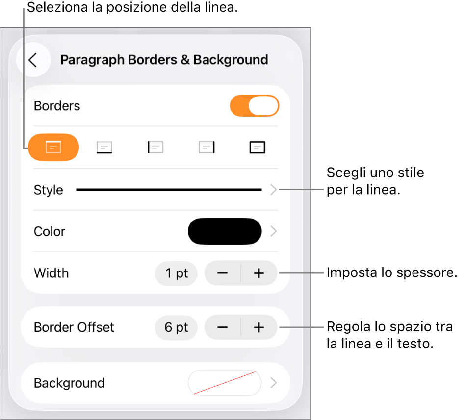 Controlli per modificare lo stile, lo spessore, la posizione e il colore della linea.