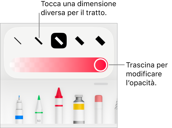Controlli per scegliere una dimensione tratto e cursore per regolare l’opacità.