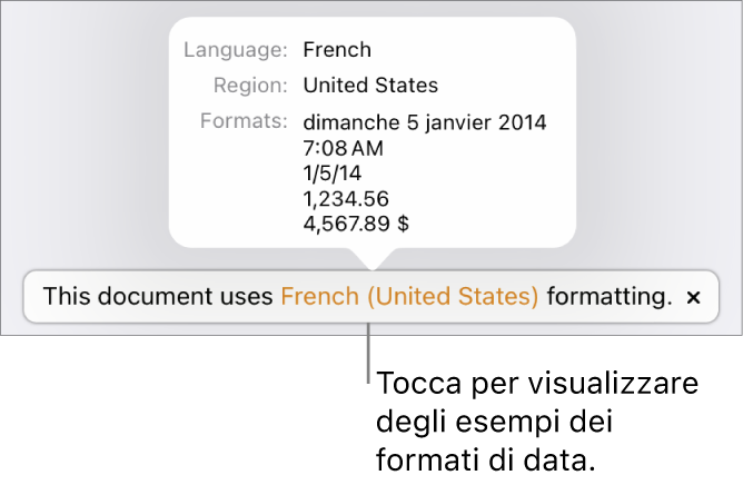 La notifica della diversa impostazione di lingua e zona, con esempi dei formati.