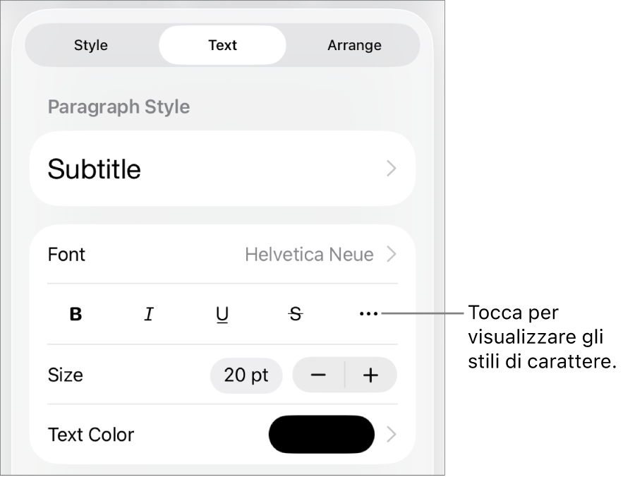 I controlli Formato con gli stili di paragrafo nella parte superiore, quindi i controlli Font. Sotto Font sono presenti i pulsanti Grassetto, Corsivo, Sottolineato, Barrato e “Altre opzioni di testo”.