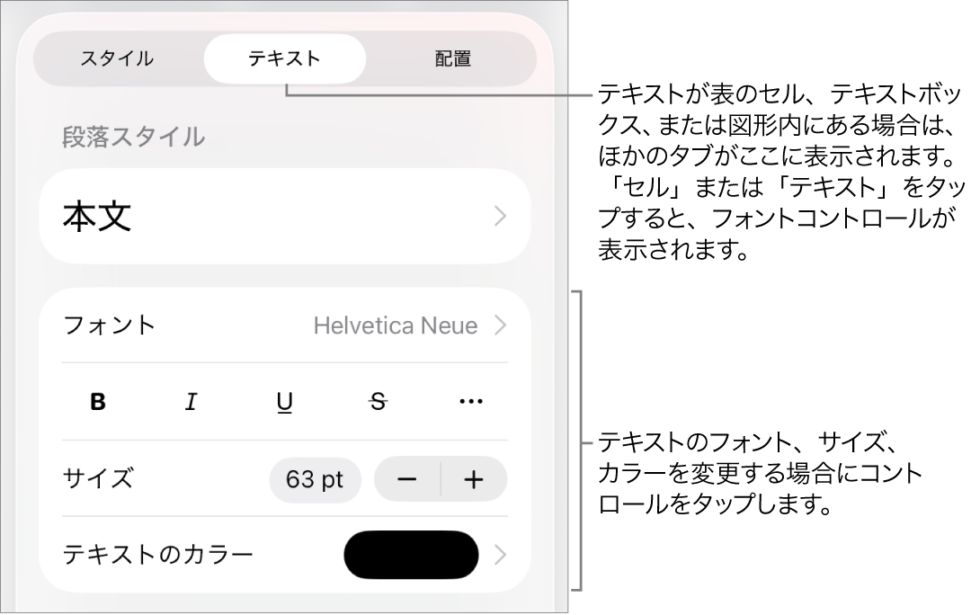 「フォーマット」メニューの、段落と文字のスタイル、フォント、サイズ、色を設定するためのテキストコントロール。