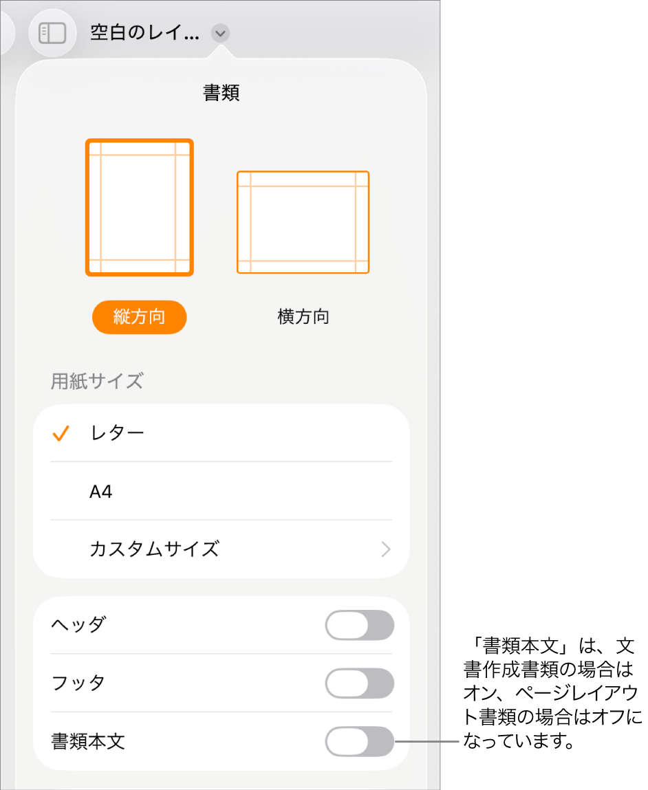 「書類」フォーマット用のコントロール。画面下部付近の「書類本文」がオンになっています。