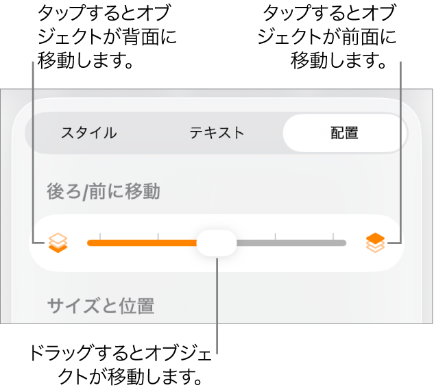 後ろに移動ボタン、前に移動ボタン、およびレイヤーのスライダ。