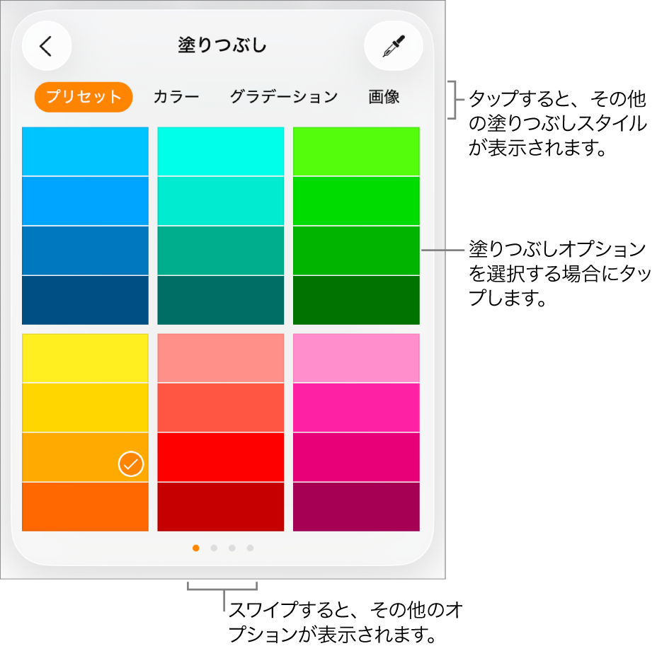 「フォーマット」ボタンの「スタイル」タブの「塗りつぶし」のオプション。