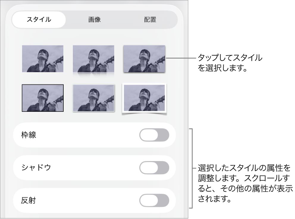 「フォーマット」メニューの「スタイル」タブ。上部にオブジェクトスタイル、その下に枠線、シャドウ、反射、不透明度を変更するコントロールが表示された状態。