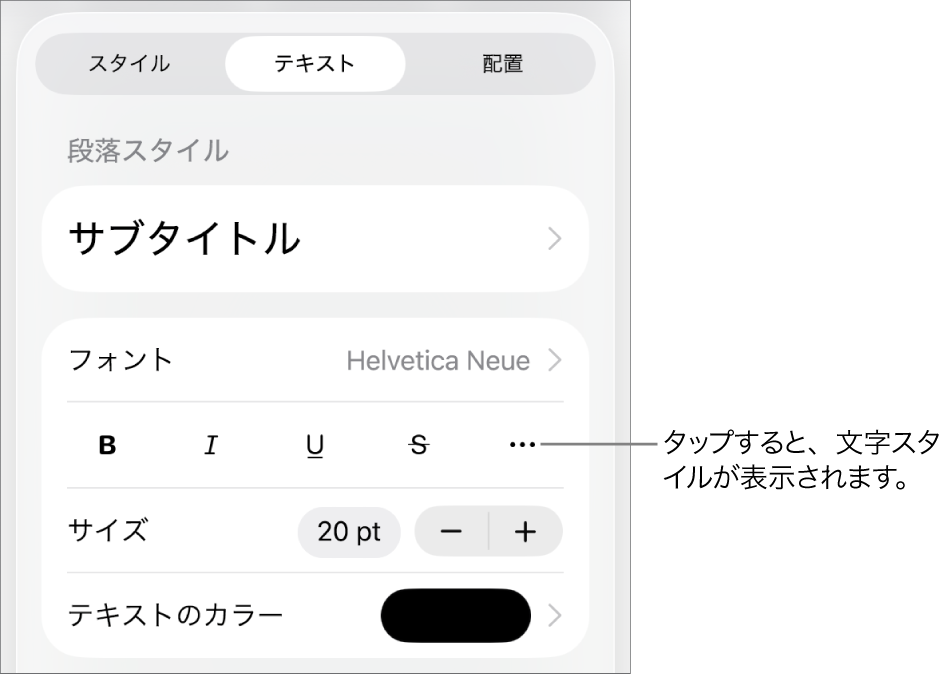 上部に段落スタイルがある「フォーマット」コントロールと、そのあとに「フォント」コントロール。「フォント」の下には、「ボールド」、「イタリック」、「アンダーライン」、「取り消し線」、および「その他のテキストオプション」のボタンがあります。