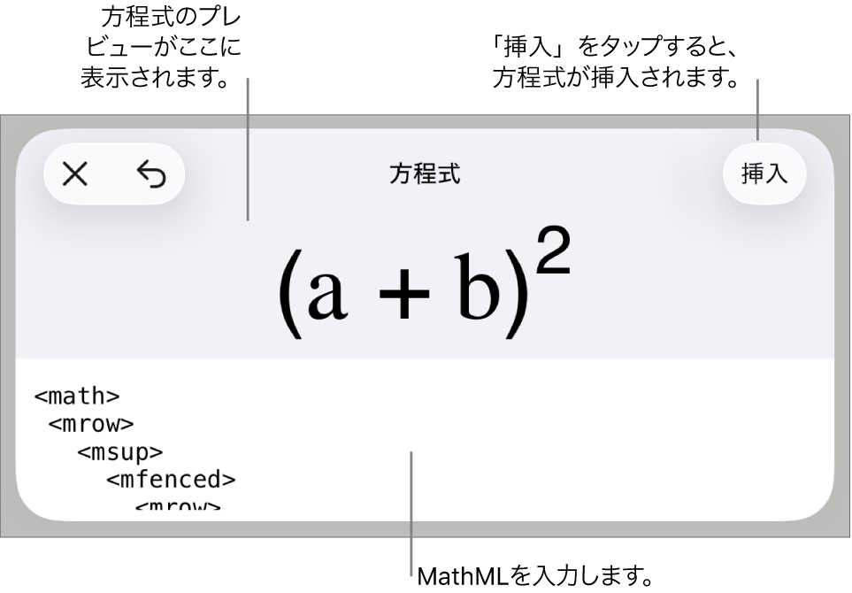 「方程式」ダイアログ。MathMLコマンドを使用して書き込まれた方程式が表示され、その上に公式のプレビューが表示されています。