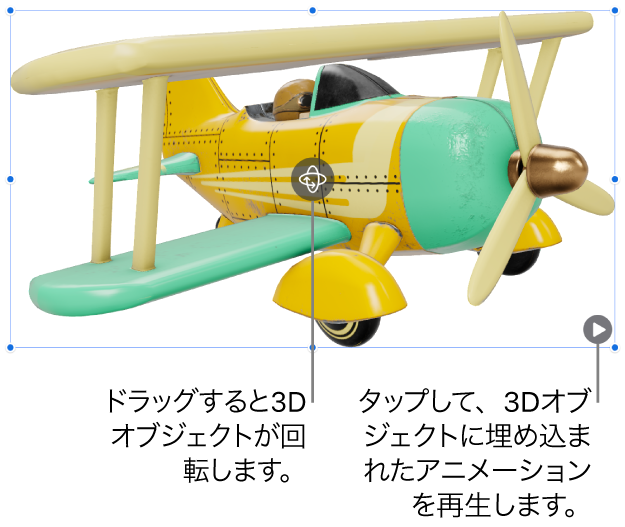3Dオブジェクト。中央に回転ボタン、右下隅に再生ボタンがあります。
