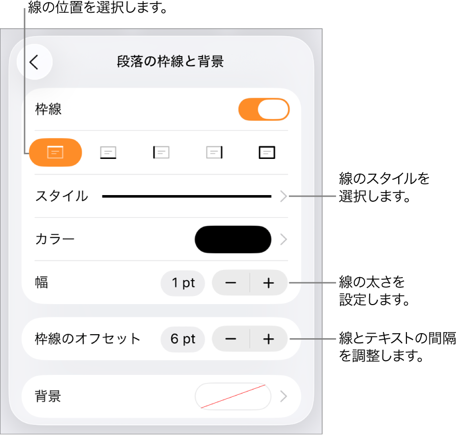 線のスタイル、太さ、位置、カラーを変更するためのコントロール。