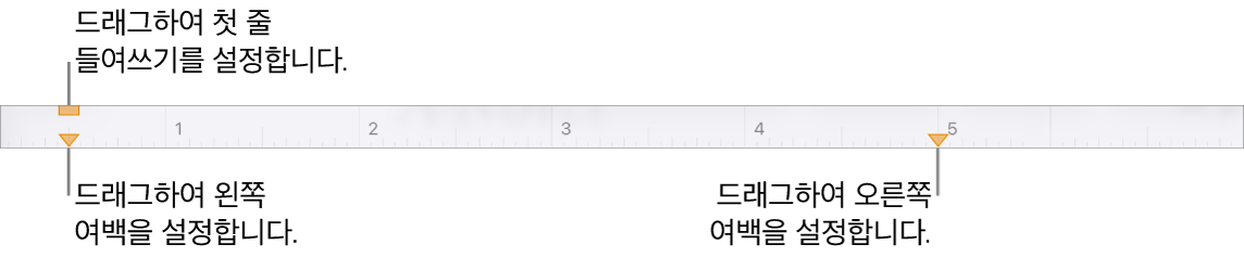 왼쪽 여백 표시자, 첫 번째 행 들여쓰기 표시자 및 오른쪽 여백 표시자에 대한 설명이 있는 눈금자.