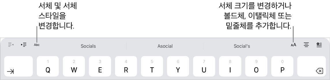 왼쪽부터 들여쓰기, 서체, 세 개의 자동 완성 텍스트 필드, 서체 크기, 정렬 및 삽입이 표시된 키보드 상단의 텍스트 포맷 버튼입니다.