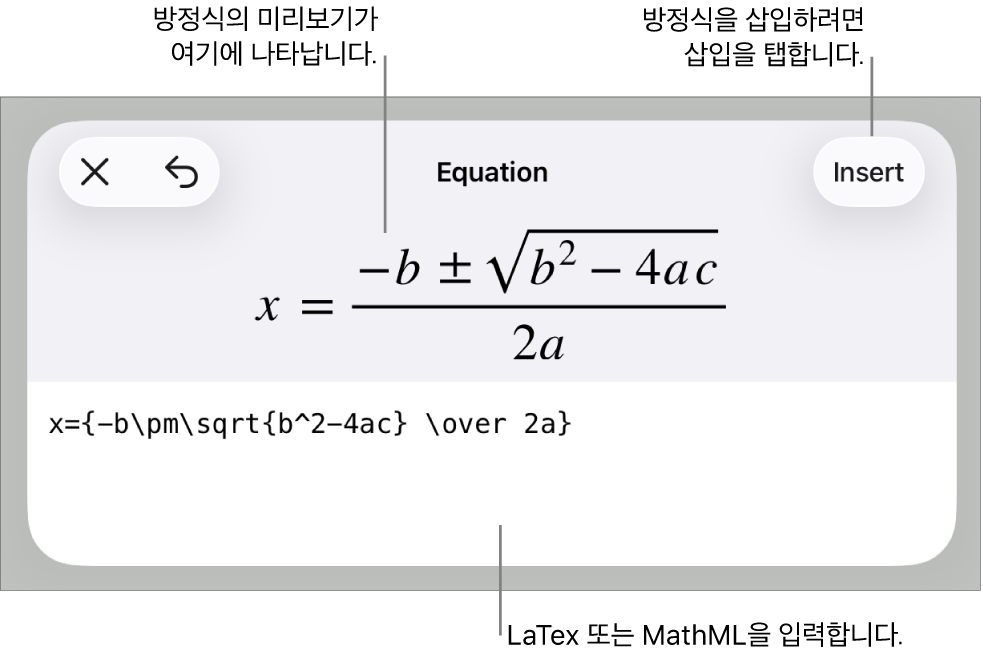 MathML 명령어를 사용하여 적은 방정식 및 그 위에 공식 미리보기를 표시하는 방정식 대화상자.