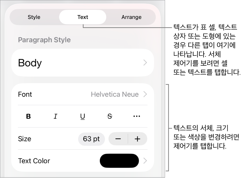 포맷 메뉴에 있는 단락, 문자 스타일, 서체, 크기 및 색상을 설정할 수 있는 텍스트 제어기.