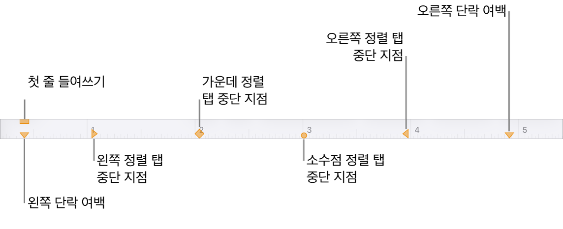 왼쪽과 오른쪽 여백의 제어기, 첫 번째 행 들여쓰기 및 4종류의 탭 중단 지점을 표시하는 눈금자.