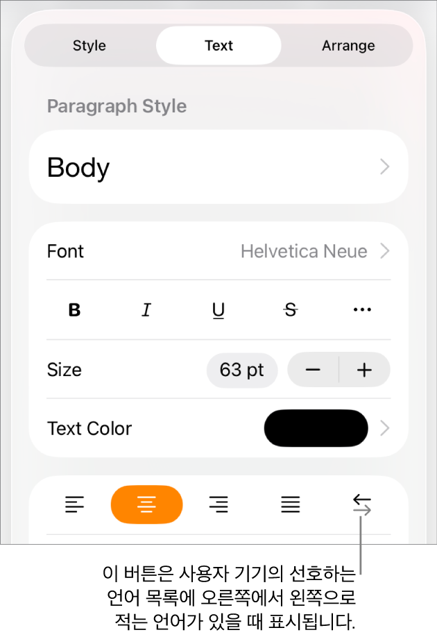 오른쪽에서 왼쪽으로 버튼을 가리키는 설명이 있는 포맷 메뉴의 텍스트 제어기.