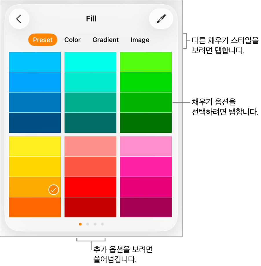 포맷 버튼의 스타일 탭에 있는 채우기 옵션.