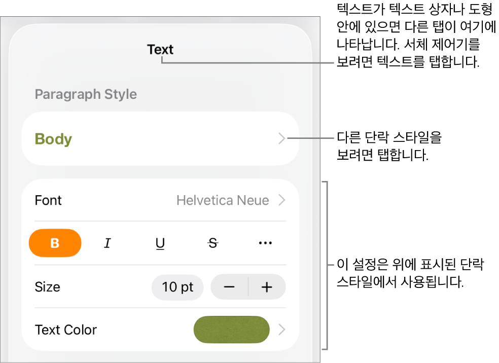 단락 및 문자 스타일, 서체, 크기 및 색상을 설정할 수 있는 텍스트 제어기를 표시하는 포맷 메뉴.