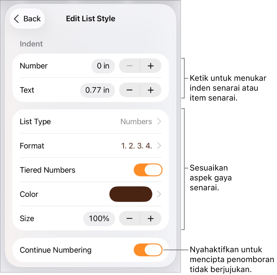 Menu Edit Gaya Senarai dengan kawalan untuk jarak inden, jenis dan format senarai, nombor berperingkat, warna dan saiz senarai serta nombor berterusan.