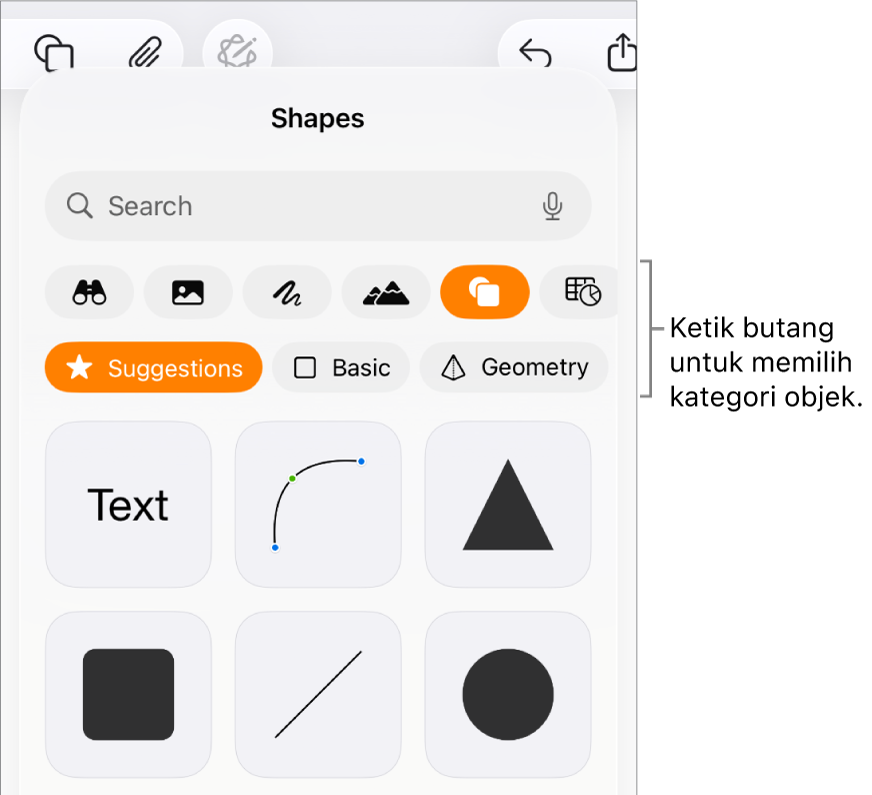 Kawalan untuk menambah objek, dengan butang di bahagian atas untuk memilih jadual, carta, bentuk (termasuk garis dan kotak teks) serta media.