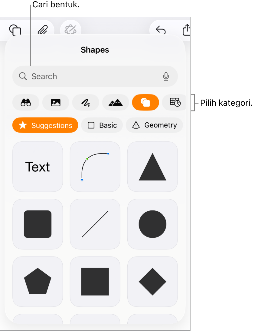 Pustaka bentuk, dengan kategori di bahagian atas dan bentuk dipaparkan di bawah. Anda boleh menggunakan medan carian di bahagian atas untuk mencari bentuk dan leret untuk melihat lebih banyak.