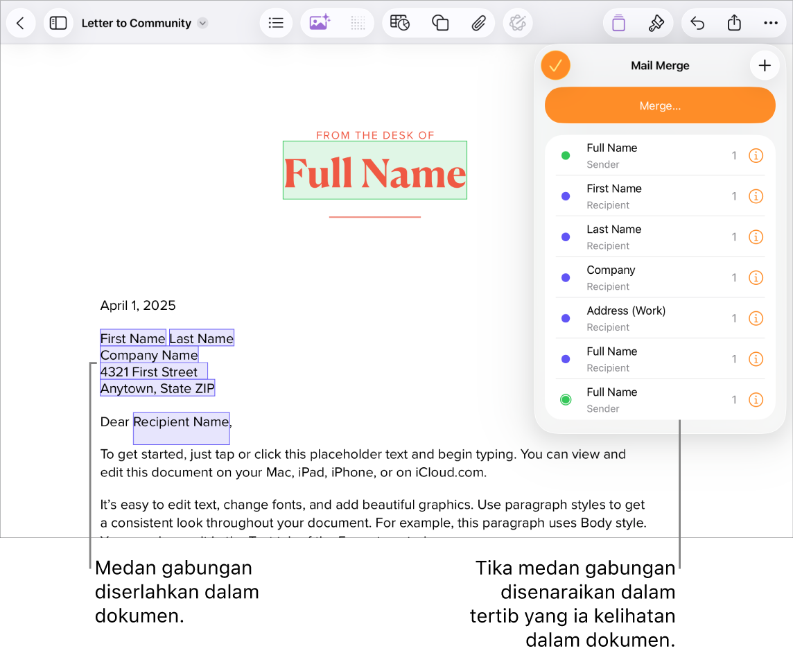 Dokumen halaman dengan medan gabungan penerima dan penghantar, serta senarai tika medan gabungan kelihatan dalam bar sisi Dokumen.