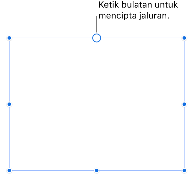 Kotak teks kosong dengan bulatan putih di atasnya dan pemegang saiz semula di penjuru, tepi dan bawah.