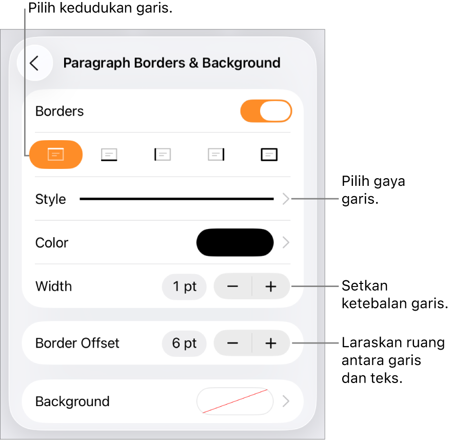 Kawalan untuk menukar gaya garis, ketebalan, kedudukan dan warna.
